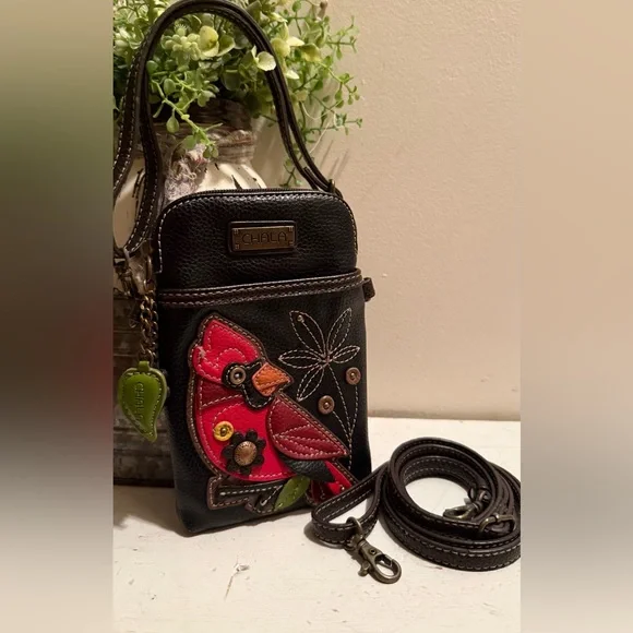 CHALA Black Crossbody Phone Bag with Red Cardinal Applique - Picture 1 of 4
